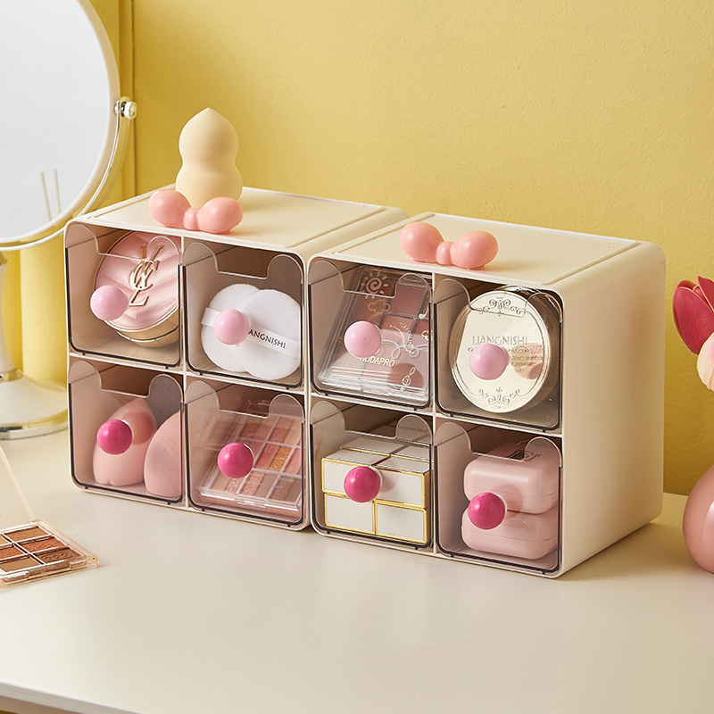 可爱桌面收纳盒多巴胺创意抽屉式置物架四分格宿舍书桌透明整理盒