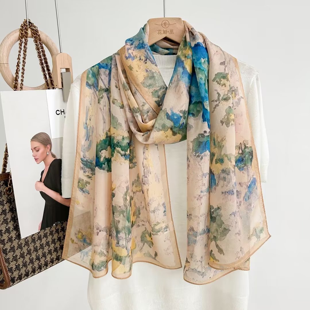 夏季薄款防晒薯莨纱丝绸真丝围巾女雪纺披肩桑蚕丝丝巾纱巾长条