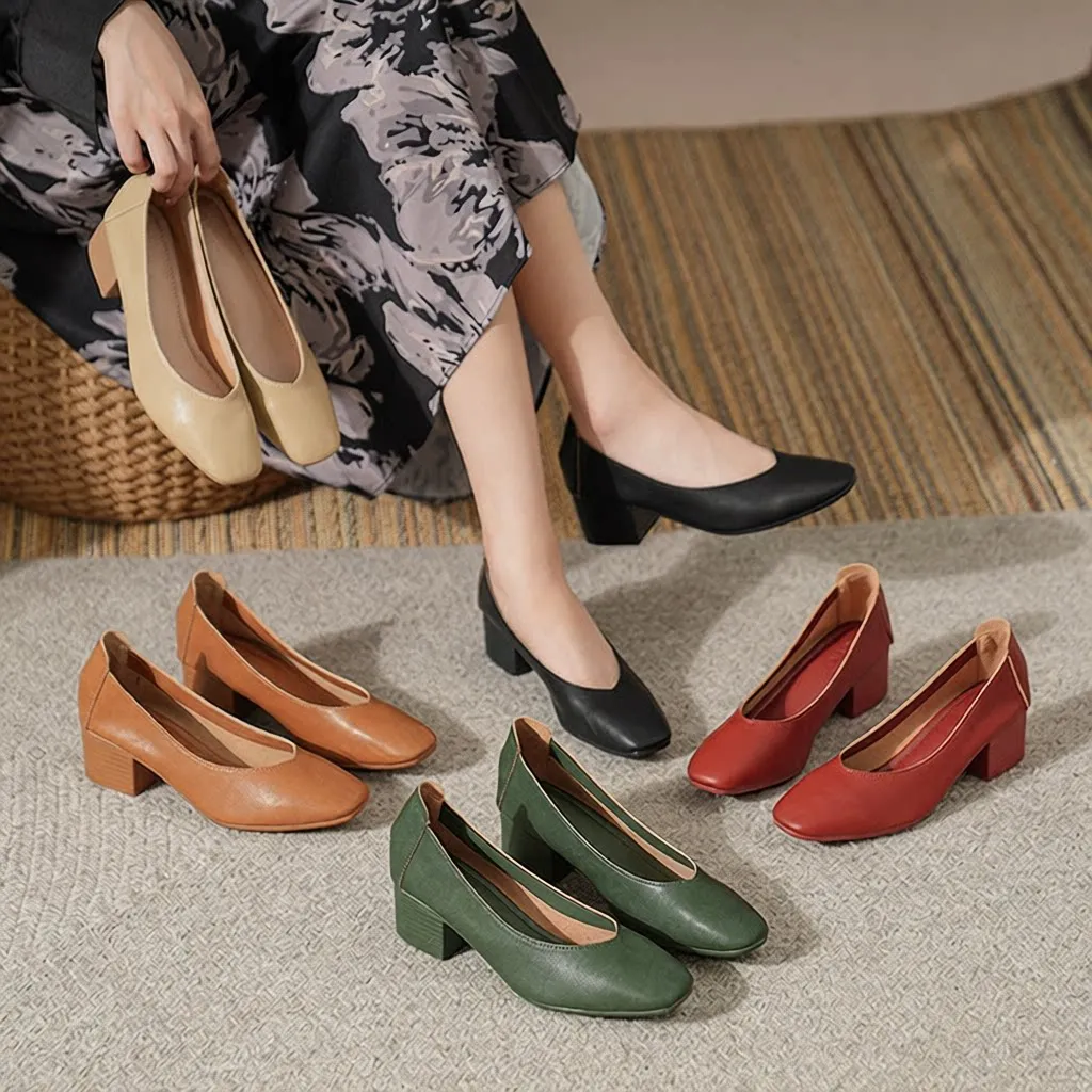 通勤奶奶鞋女复古软皮v口中跟仙女高跟鞋女粗跟玛丽珍鞋女鞋女夏