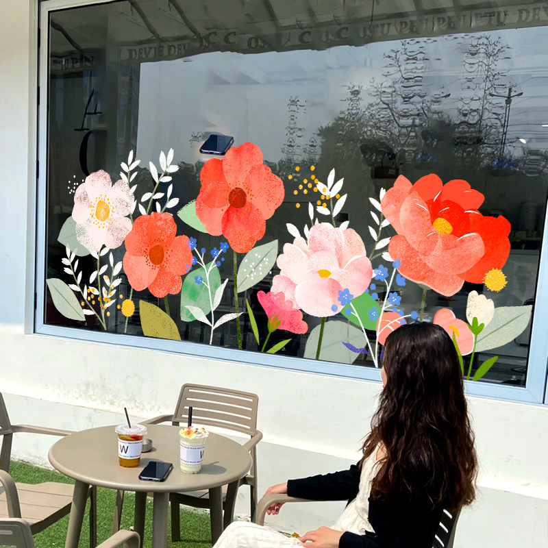 ins风清新小花贴纸花店服装餐厅奶茶店铺玻璃橱窗卡通插画装饰贴