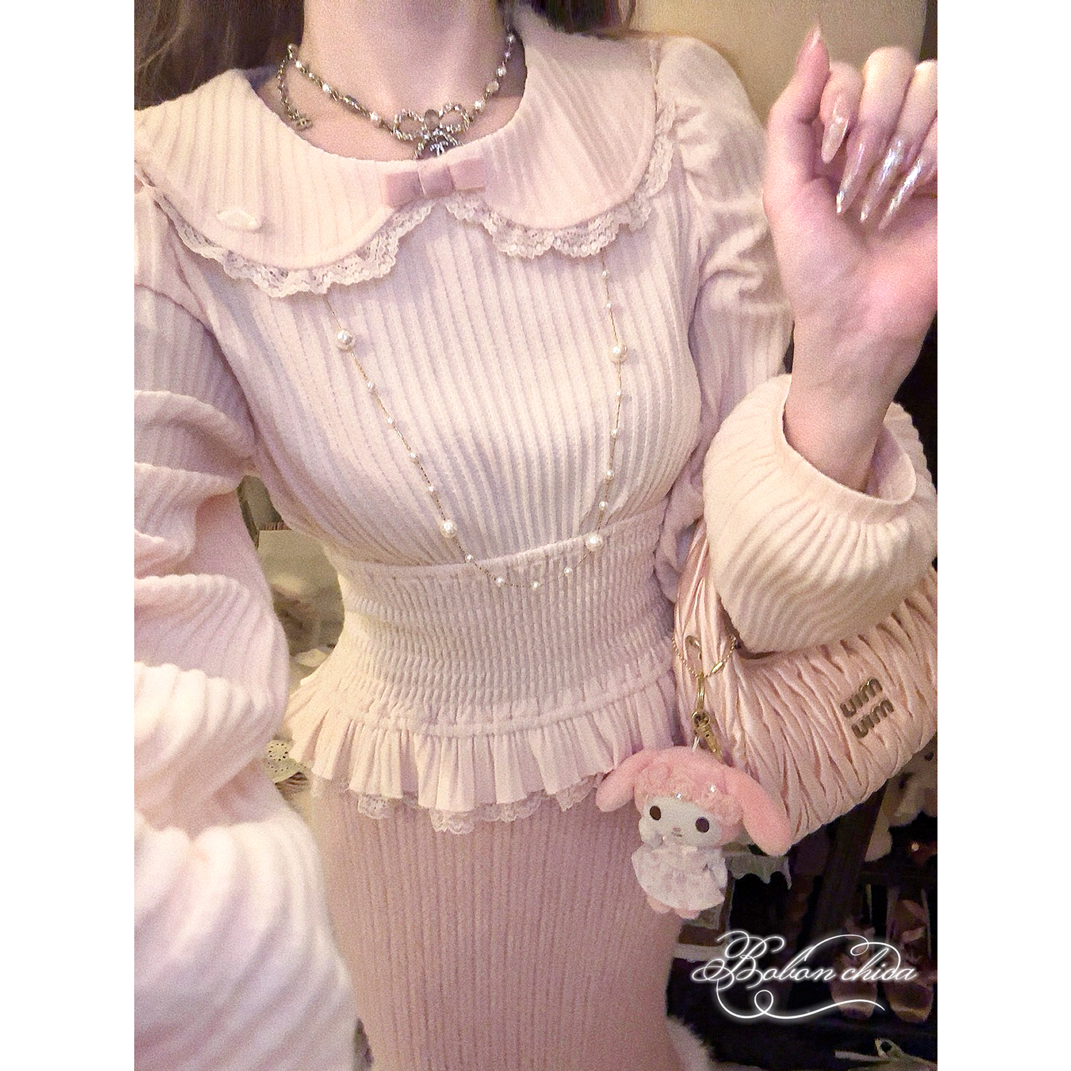 miu系少女蕾丝娃娃领收腰针织衫