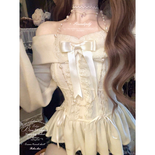 莉摩Bobon21古早奈奈 T2423 一字领绑带蝴蝶结拉肩针织衫