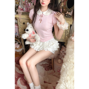 T2323 莉摩Bobon21奶油少女 法式 娃娃领甜显瘦针织短袖 T恤薄针织衫