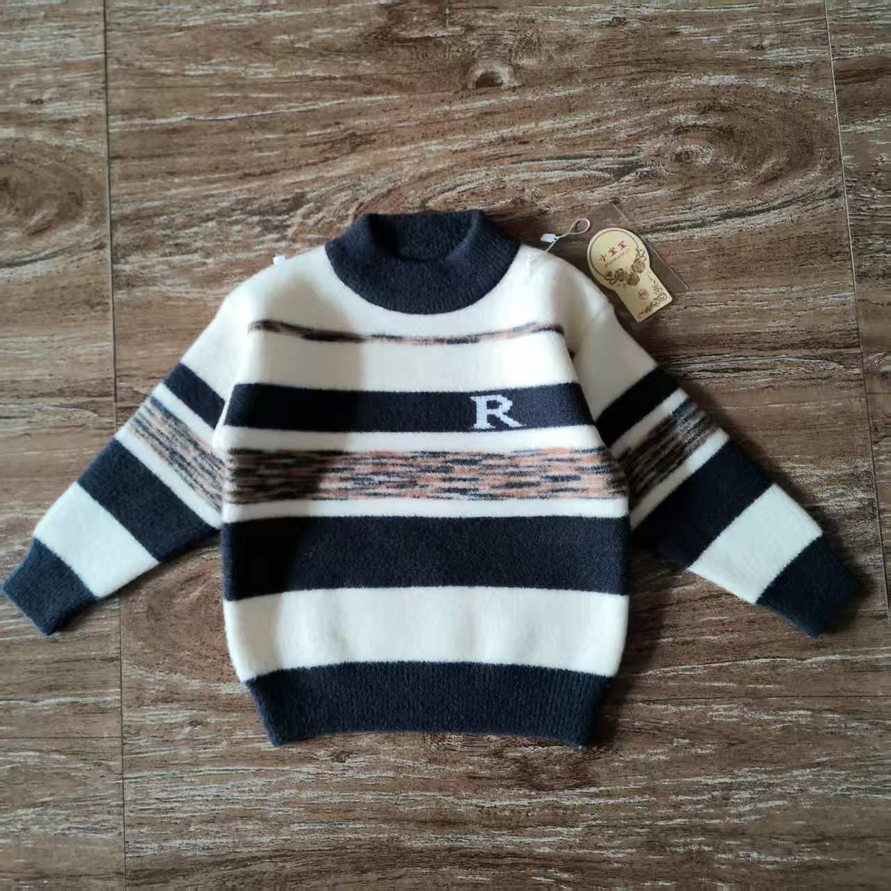 男童秋冬季半高领条纹毛衣中童拼色长袖针织衫保暧打底毛线衫234