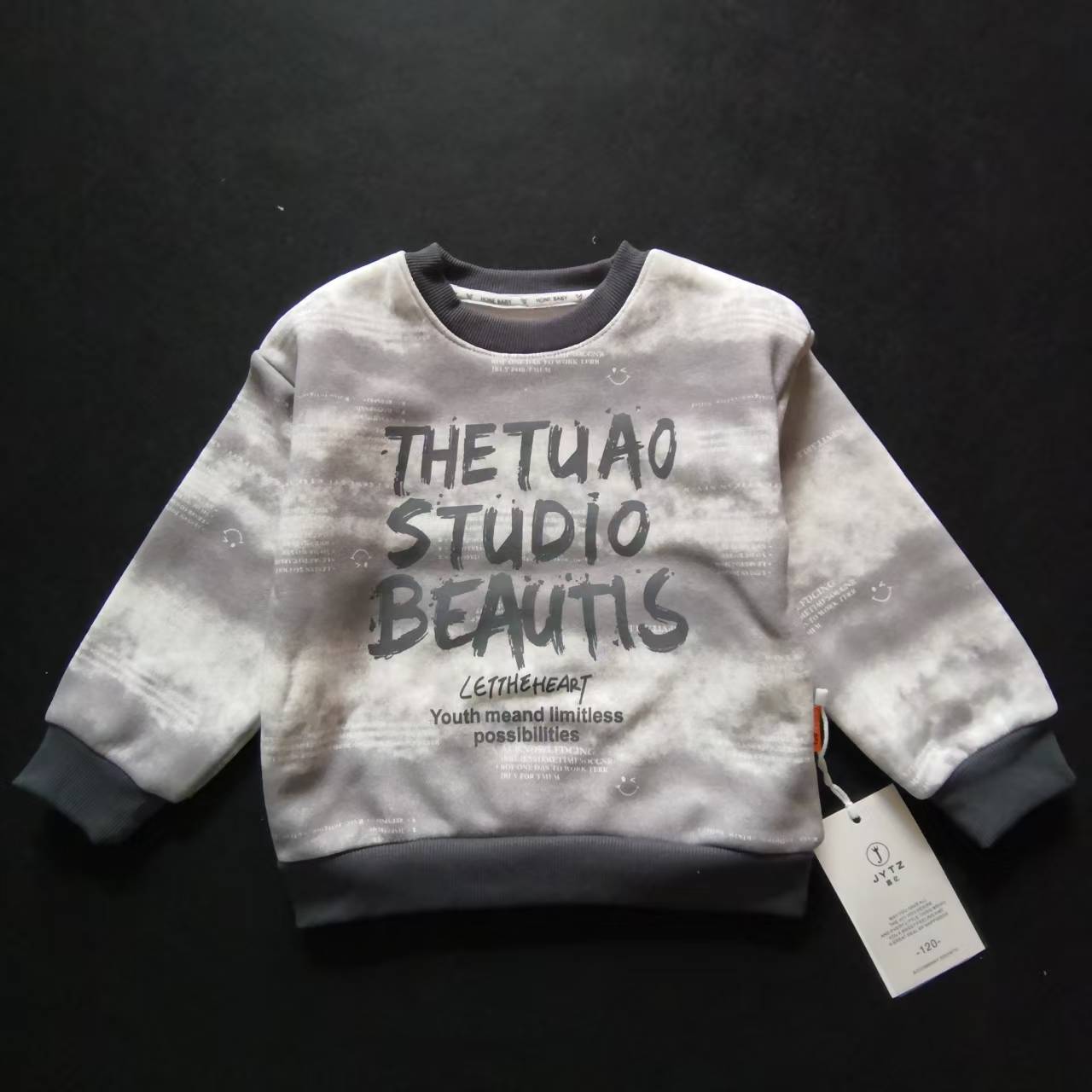 街头休闲字母印花男童加绒卫衣灰色舒适长袖上衣一体绒套头衫232