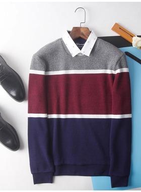 HL23149海系列男套头衬衣领假两件条纹柔软毛衫毛衣针织衫秋冬季