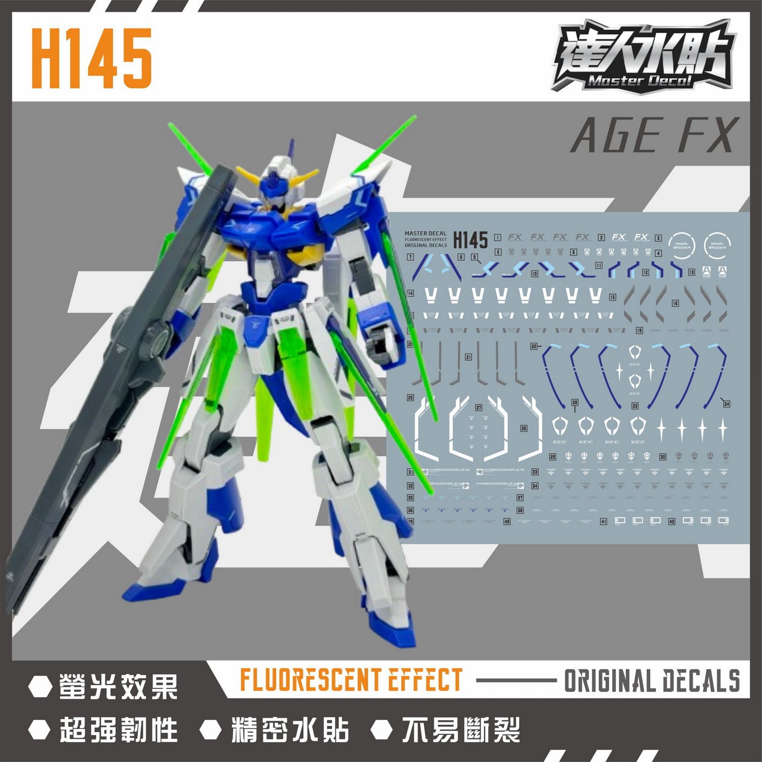 现货 达人 H145 HG AGE FX 高清 1/144 高达 专用 荧光 模型水贴