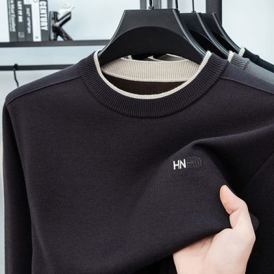 2025秋冬男士加绒圆领羊毛针织上衣休闲大码纯色保暖毛衣打底衫男