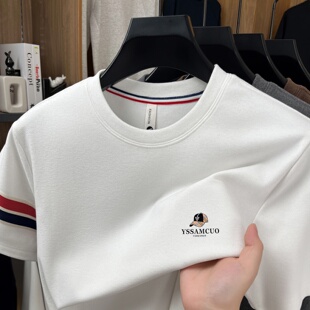 意大利高端男士短袖T恤白色圆领条纹夏季新品简约休闲百搭上衣潮