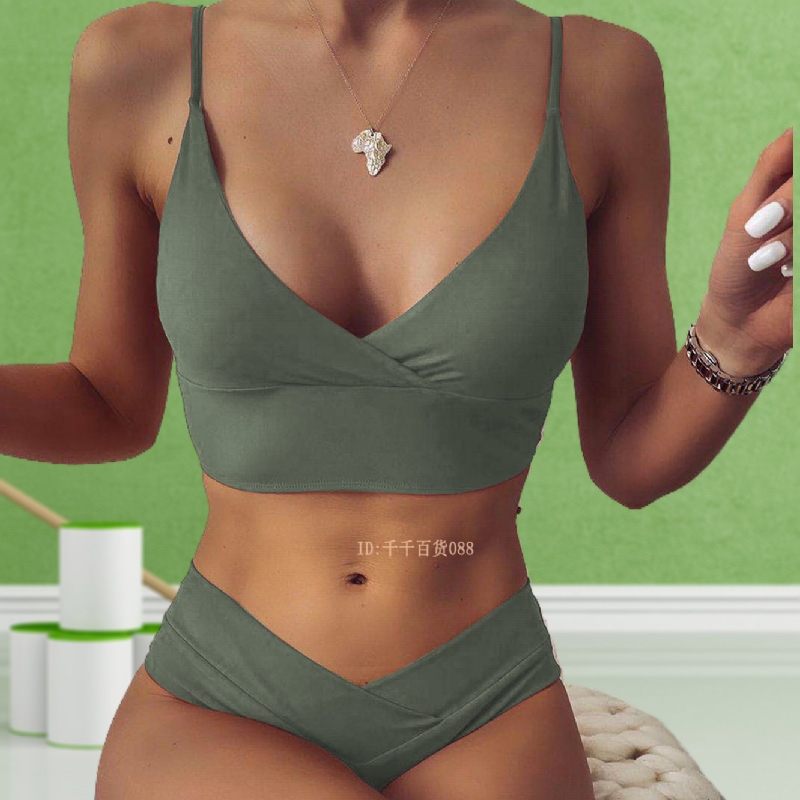 Sexy solid color bikini split swimsuit比基尼泳衣女2021亚马逊