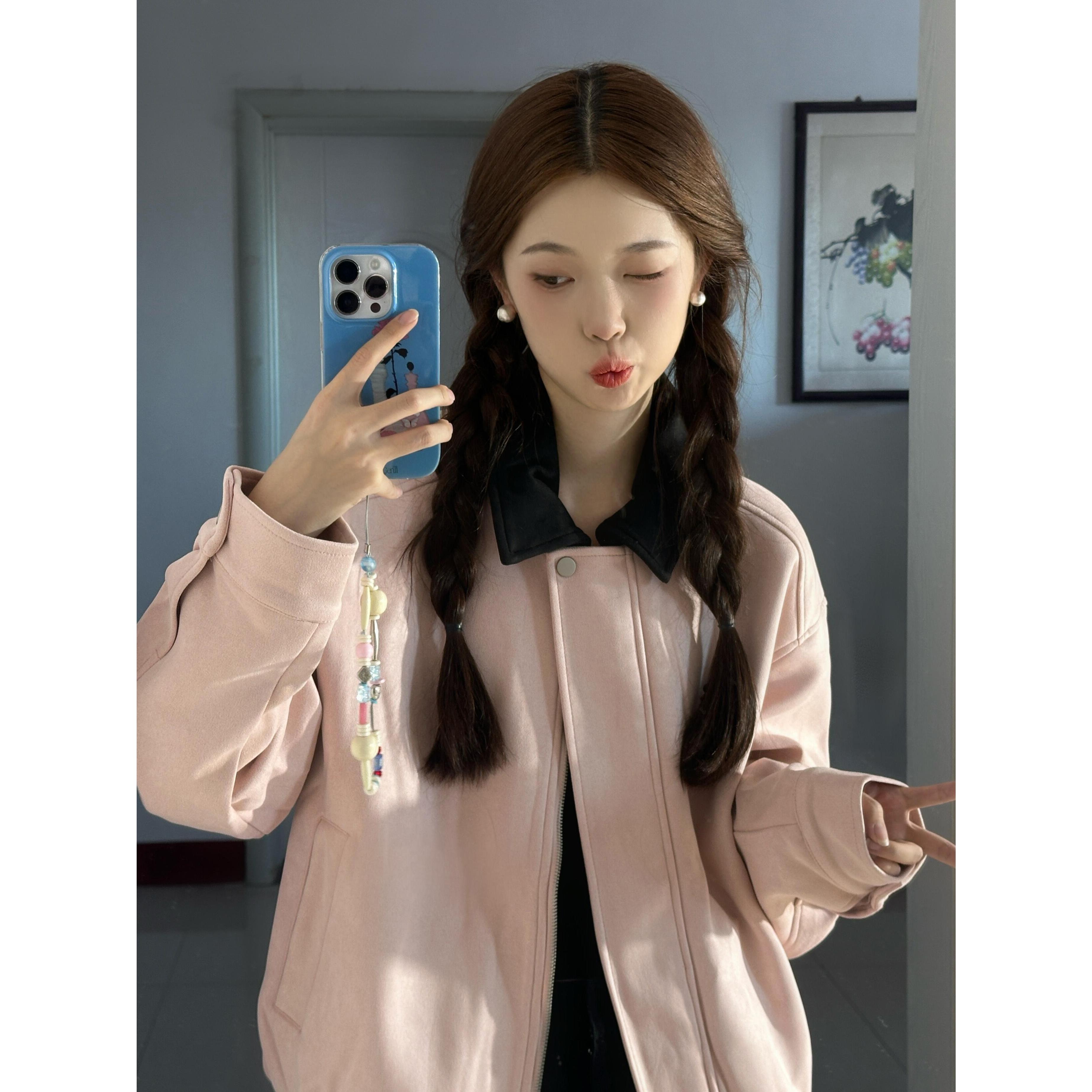 潮牌情侣绣花夹克短外套 ins韩系复古机车服防麂皮绒粉色女新款