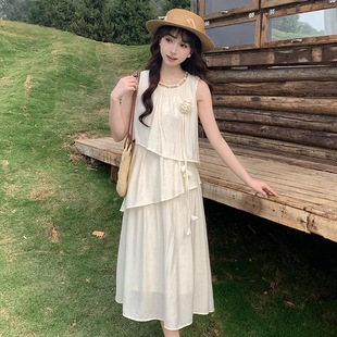 镂空圆领宽松显瘦度假风气质甜美中长裙子 不规则设计感连衣裙夏季
