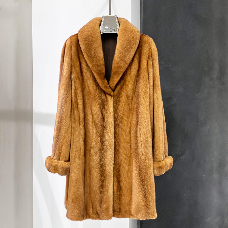 玥裘小母貂皮大衣皮草青果领全抽刀挽袖中长款水貂外套复古皮草