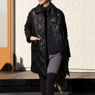 真皮皮衣 秋冬新款小羊皮翻领菱形打格90鹅绒羽绒服外套女