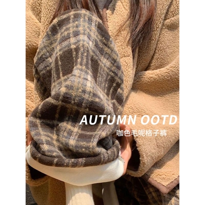 咖色格子加绒裤子女款2025新款秋冬小个子加厚绒裤外穿休闲阔腿裤