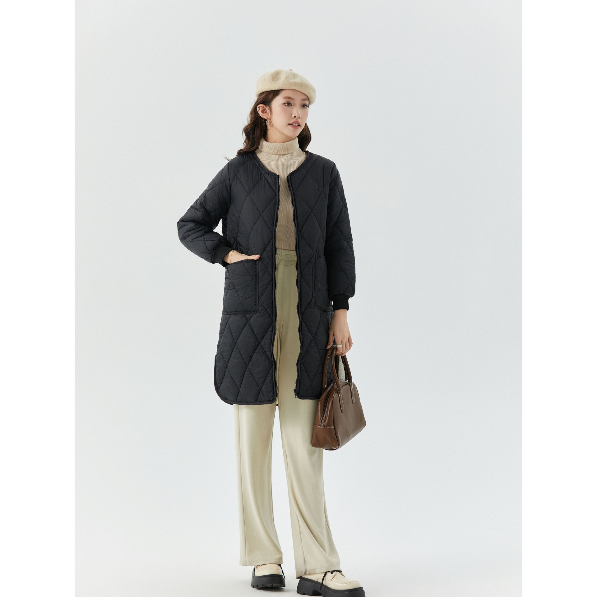 女士加厚保暖长袖夹棉女款家居长款棉衣棉服加绒一体袖子带毛2401