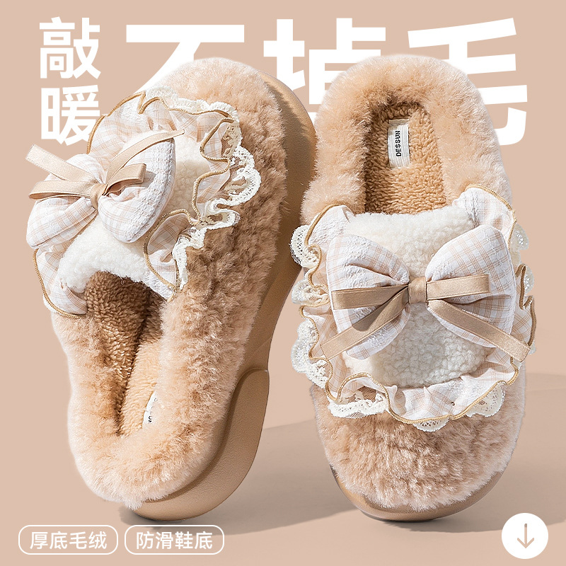 卡通蝴蝶结棉拖鞋女款2025新款秋冬季室内家居毛绒绒保暖棉拖女士