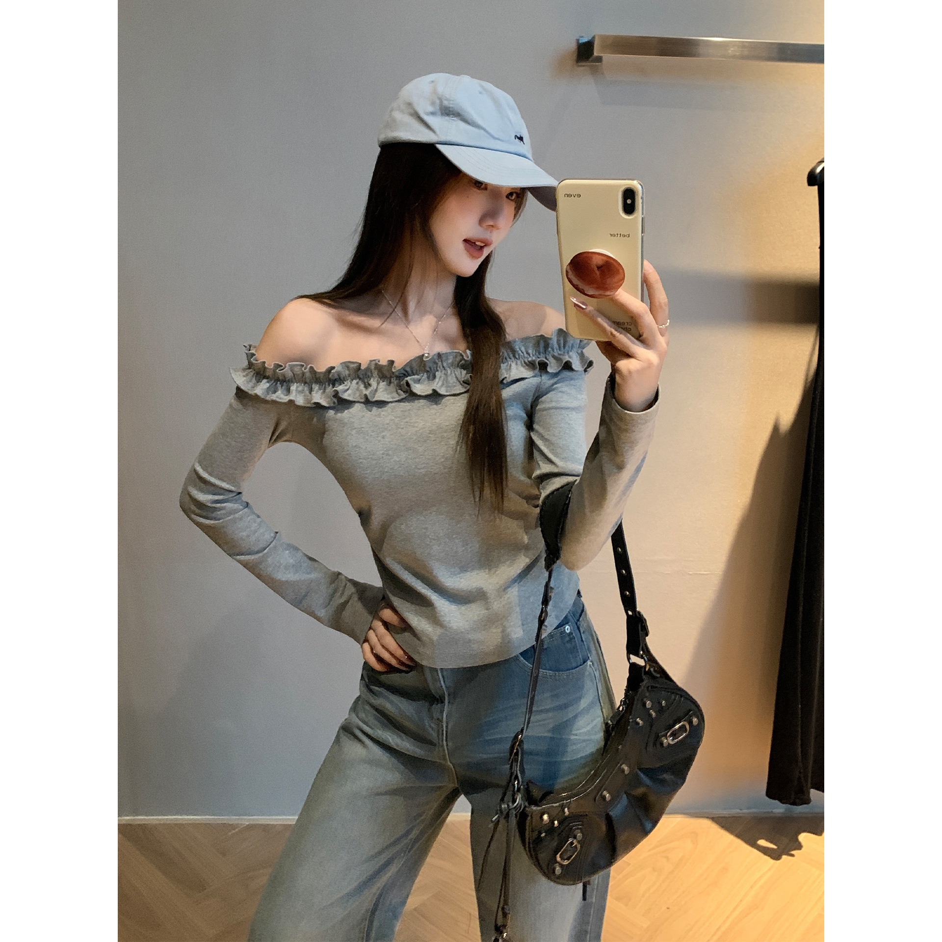 2025高级灰木耳边褶皱新款长袖女夏季韩系显瘦一字肩斜肩百搭上衣