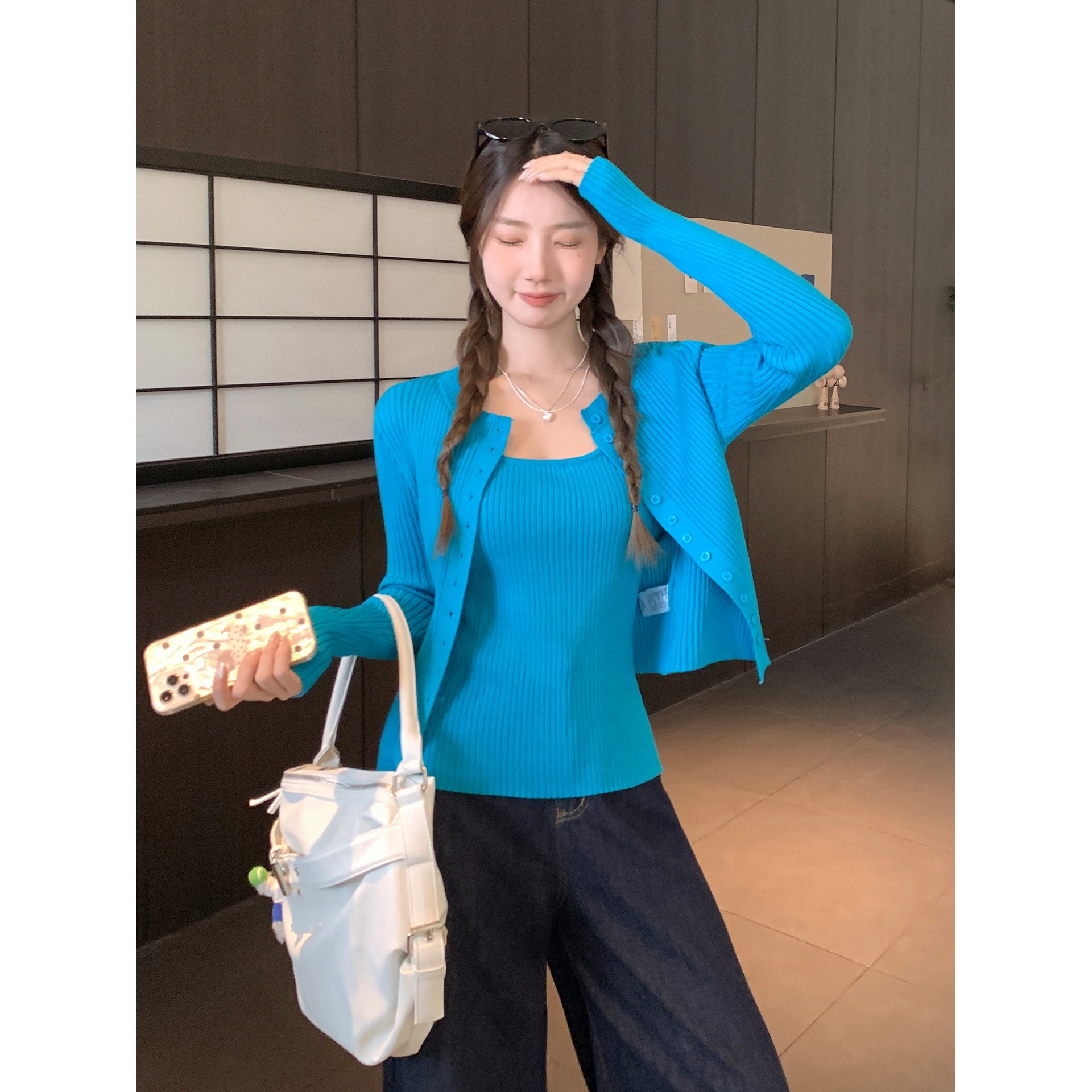 韩系纯色坑条半开领排扣长袖针织开衫2025秋季新款修身外套上衣女