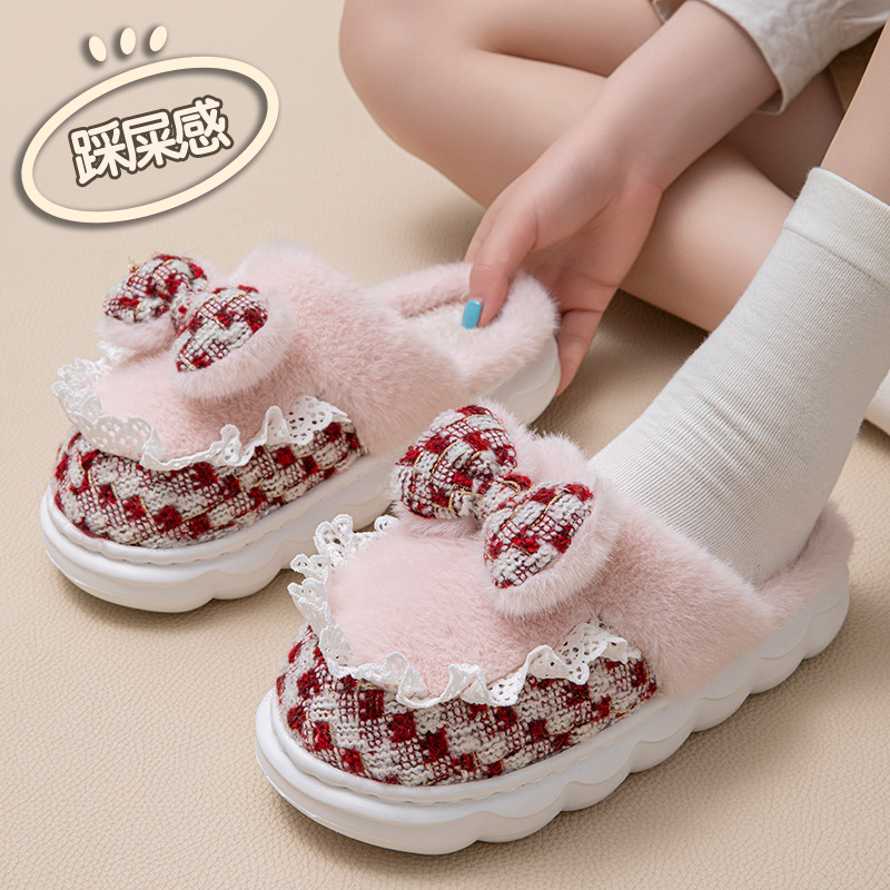 棉拖鞋女款秋冬季室内家居2025新款蝴蝶结可爱保暖毛毛拖鞋女外穿
