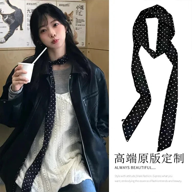 波点小丝巾女细窄长条领巾韩版百搭ins潮装饰包包带发带丝带飘带