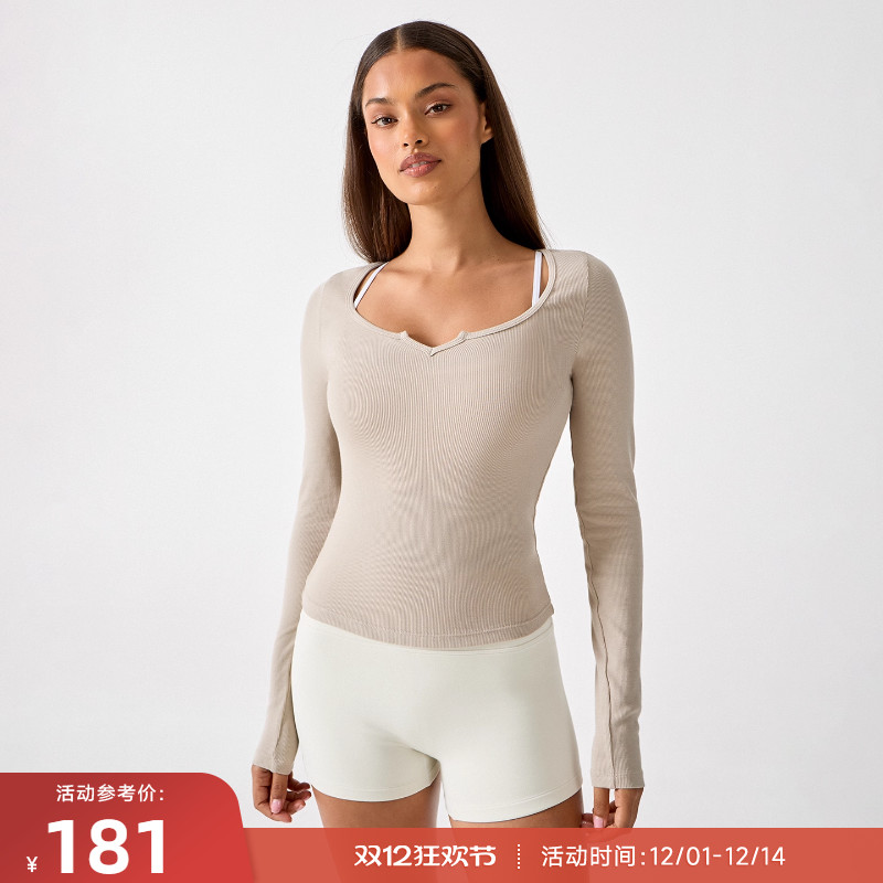 RESHAPE/重塑之路 针织螺纹心形领高弹打底衫运动长袖Sweatheart