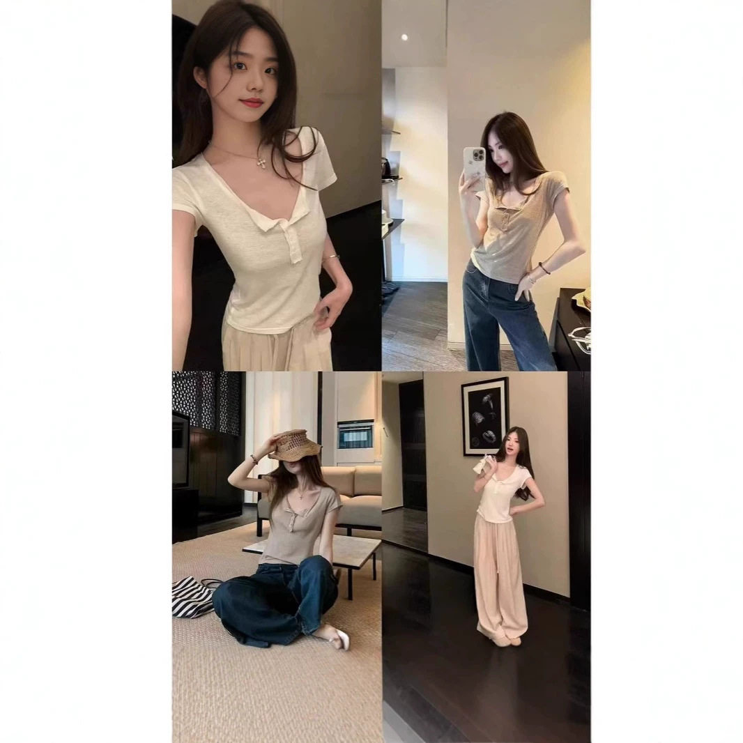 【自家工厂现货】灰色简约半开U领T恤女装短款修身打底衫短袖上衣