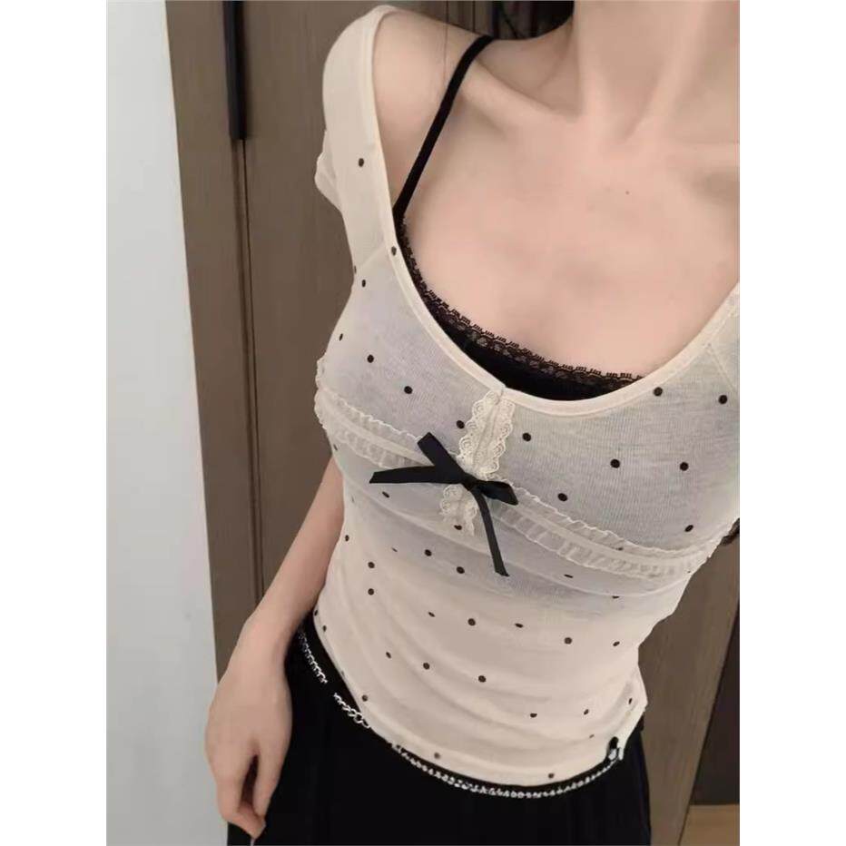 纯欲辣妹小心机微透波点上衣女夏吊带薄款设计感一字肩修身上衣