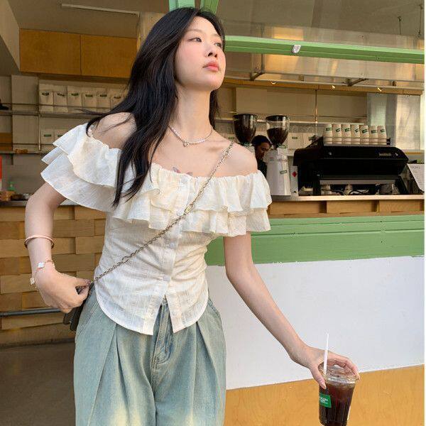 杏色法式一字领荷叶边短袖衬衫女夏季2025新款甜美风修身短款上衣