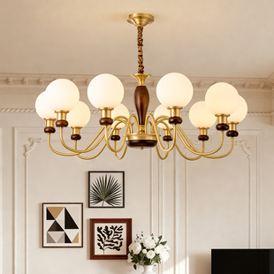 全铜法式 复古实木大气魔豆卧室书房间餐厅主灯 中古风客厅吊灯美式