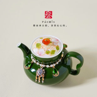 磐皿｜墨绿纯手绘山茶花陶瓷茶壶薄胎泡茶壶单壶带过滤功夫茶具