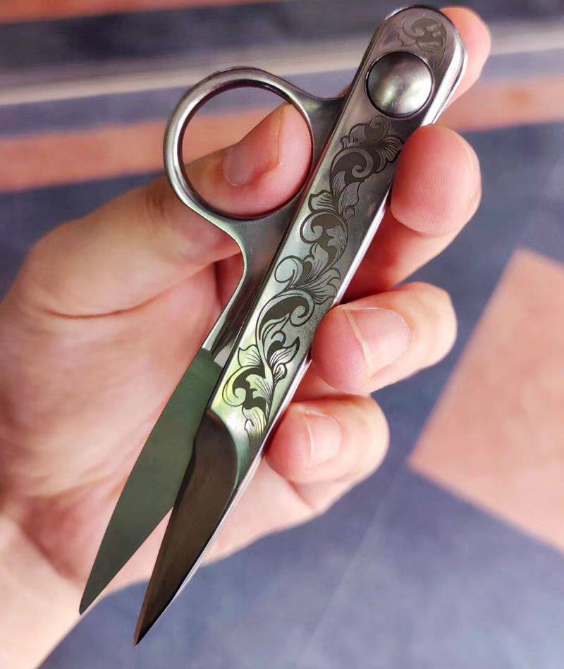 U자형 링 버클 실 머리 천 머리 가위 스테인레스 스틸 EDC 일상 생활 칼 가위 빈티지 손으로 새긴