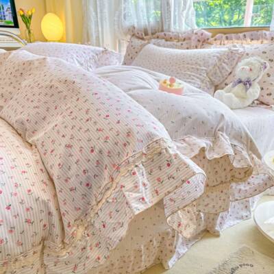 正品版韩全清棉小碎花四件套纯棉新园公主风荷叶边床单被套田床上