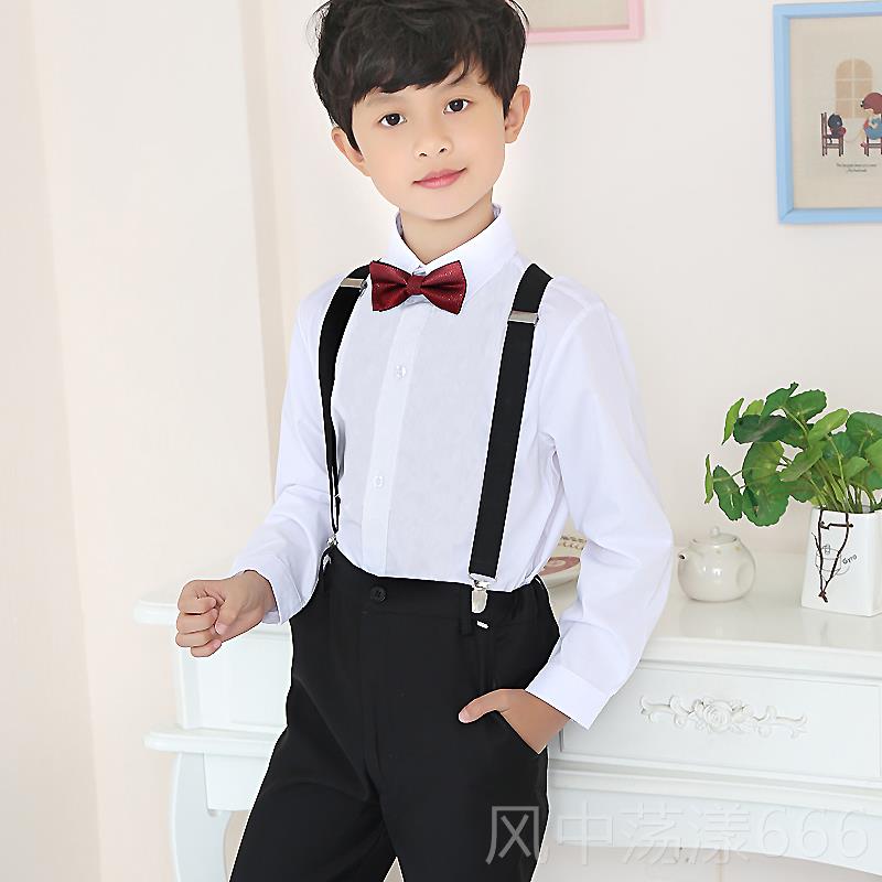 正品男童长袖白衬衫纯黑色西衣装裤出套装藏青儿童装衬礼服长孩表