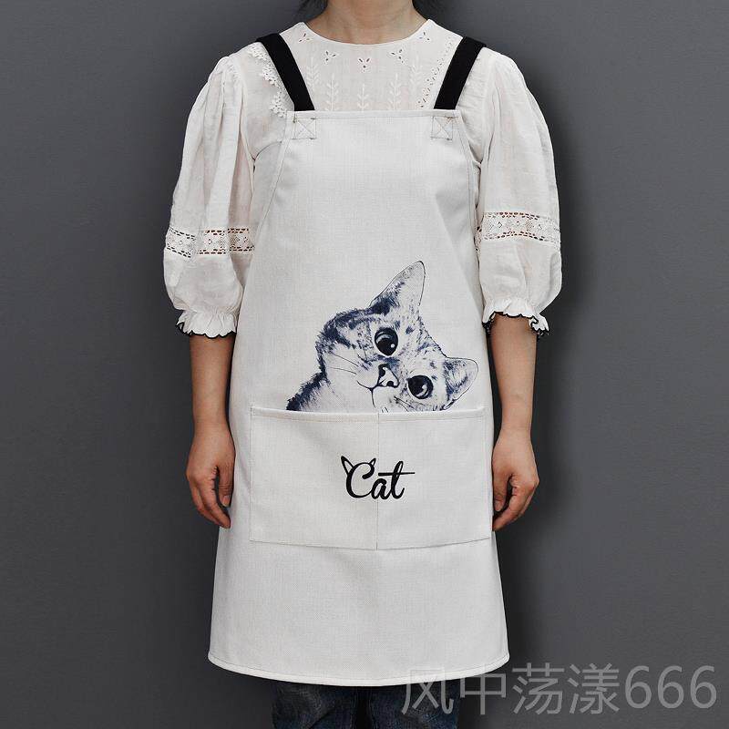 正品黑白猫棉围裙爱男女时尚厨房做饭罩衣围麻防水围裙工腰作服可