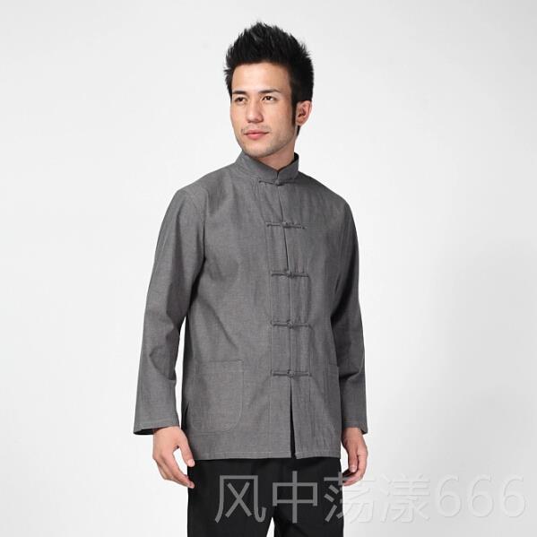 正品中国风全棉男装唐装年男长袖衬衣衣汉服中式打居士上服中老底
