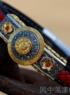 正品纯银二星座手环太阳星侣座皮手镯性个覆古手錬十男女情款可转