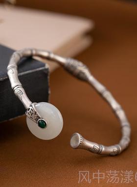 正品竹白玉平扣镀银手镯活扣复古安简约百搭节银工泰艺送妈妈银饰