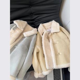 小香风浅黄色机车服皮毛一体羊羔毛外套女装2024新款爆款秋冬