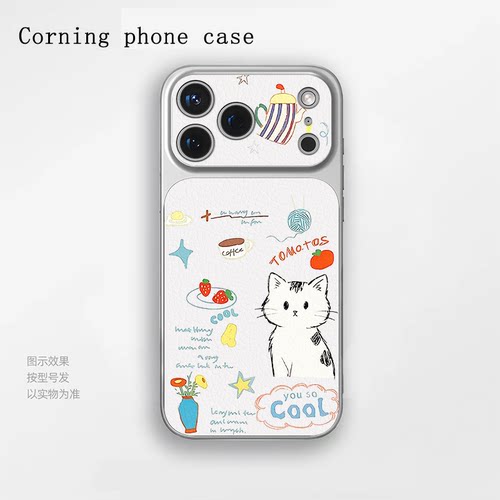 苹果iPhone17小羊皮手机简画小猫草莓保护套适用于小米17一加Ace5至尊版华为Nova15OPPOfindx9proIQOO