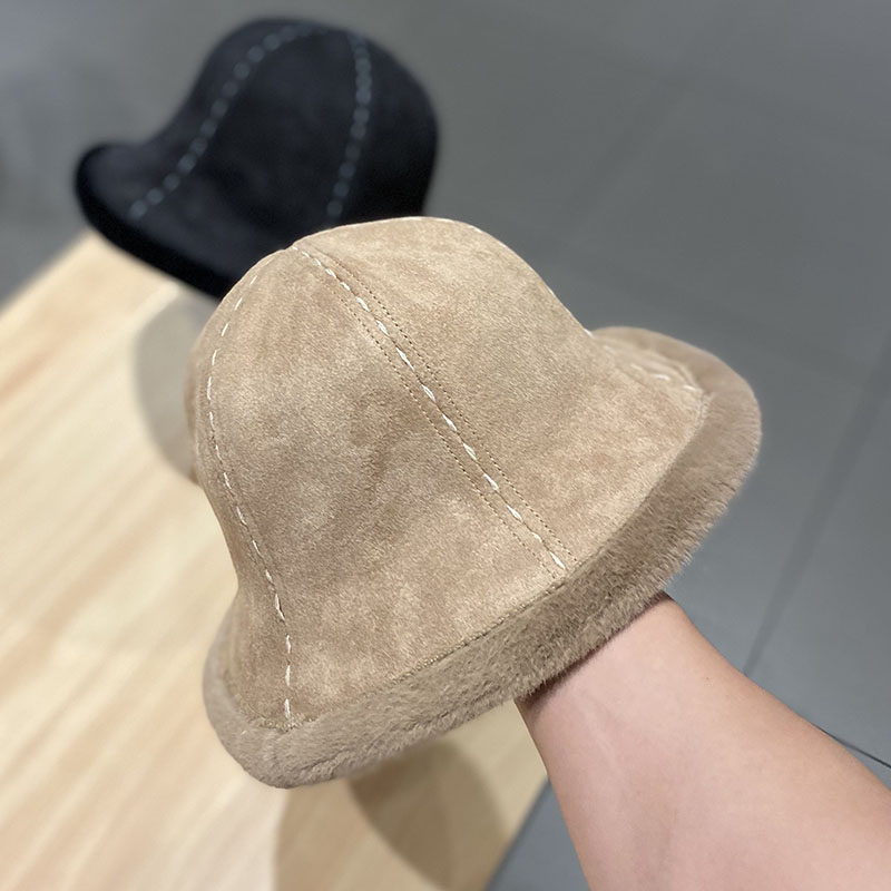 网红秋冬季鹿皮绒加厚软妹渔夫帽