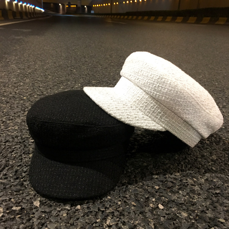 帽子女春夏粗呢格纹鸭舌帽白色贝雷帽保暖时尚平顶画家帽小香风潮