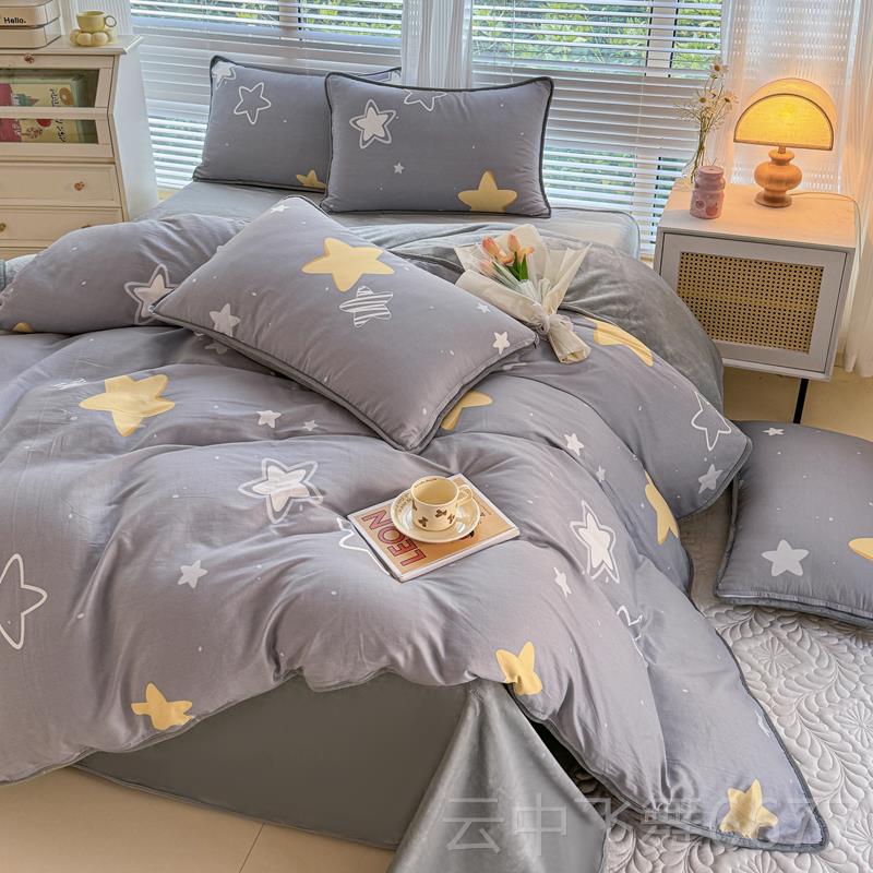 正品冬床上纯棉珊瑚绒绒四件套单面a一面加绒被套天b面秋冬款牛奶