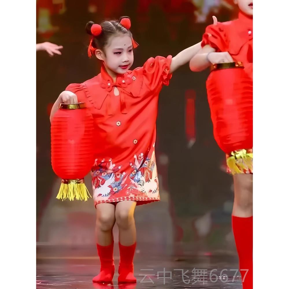 正品六一儿喜庆国风演出服幼女童舞蹈中裙灯笼元日红旗袍演出儿童