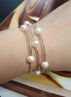 正品韩版首饰纯天淡水珍珠手链S手串女925品银手然镯多层圈情人节