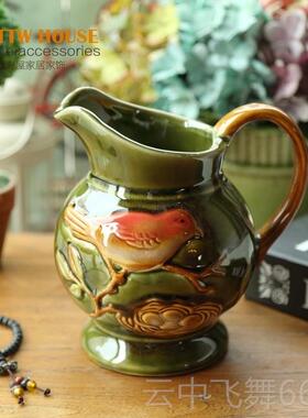 正品欧园绿色小鸟釉面田花式纹艺陶瓷装饰单工手柄花瓶餐桌摆件高
