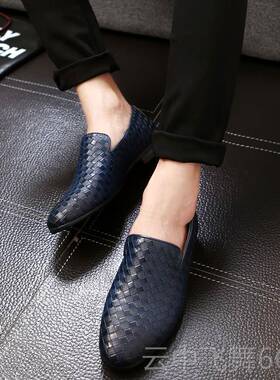 正品22夏季新人款英伦男士小皮鞋编织套脚懒豆豆鞋韩5版发型师潮0