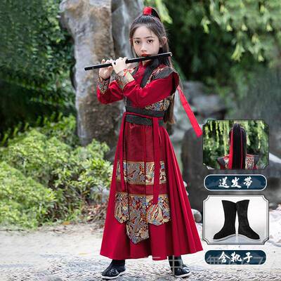 正品童红色中汉服花木兰服装儿童女侠国侠风cos仙古装演女出剑客