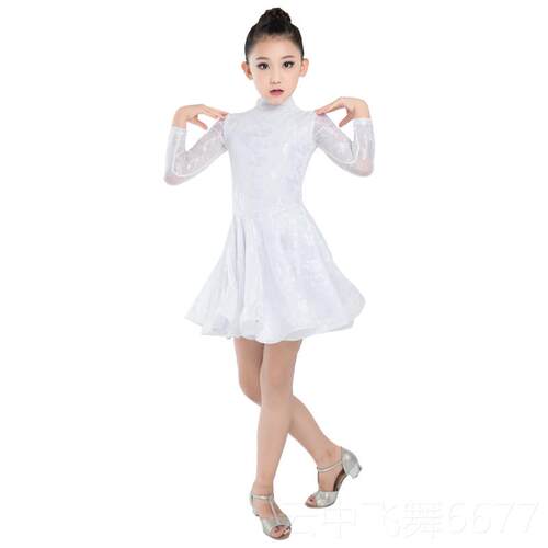 正品新功款春季儿童长袖拉丁舞练服女童白蕾丝舞裙少儿色演蹈出服