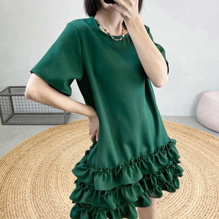 法式 连衣裙短裙气质宽松显瘦A字裙春 高级感绿色小香风荷叶边短袖